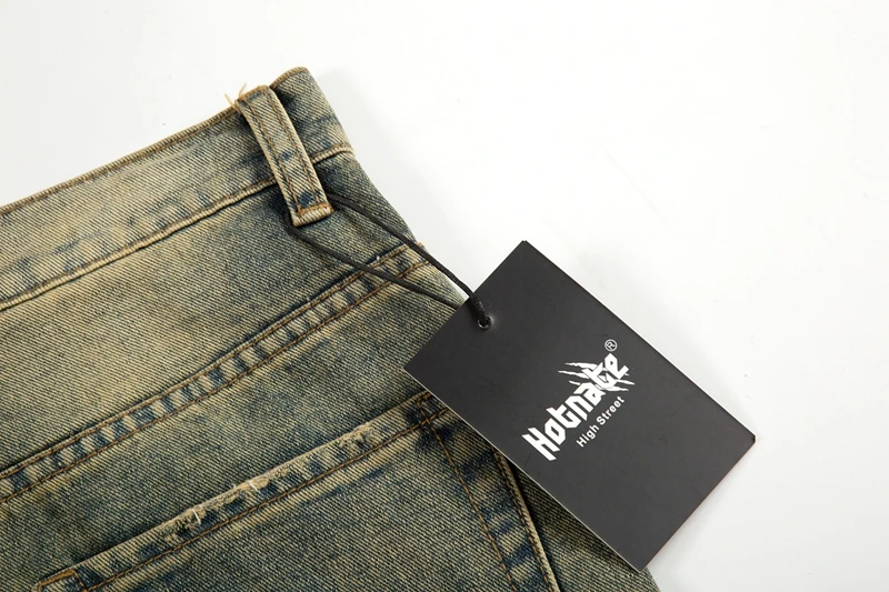 Vintage Oversized Split Deconstructed Men Wide Jeans Baggy Yellow Mud Dyed Washed Denim Jeans Cat Whisker Straight Denim Pant