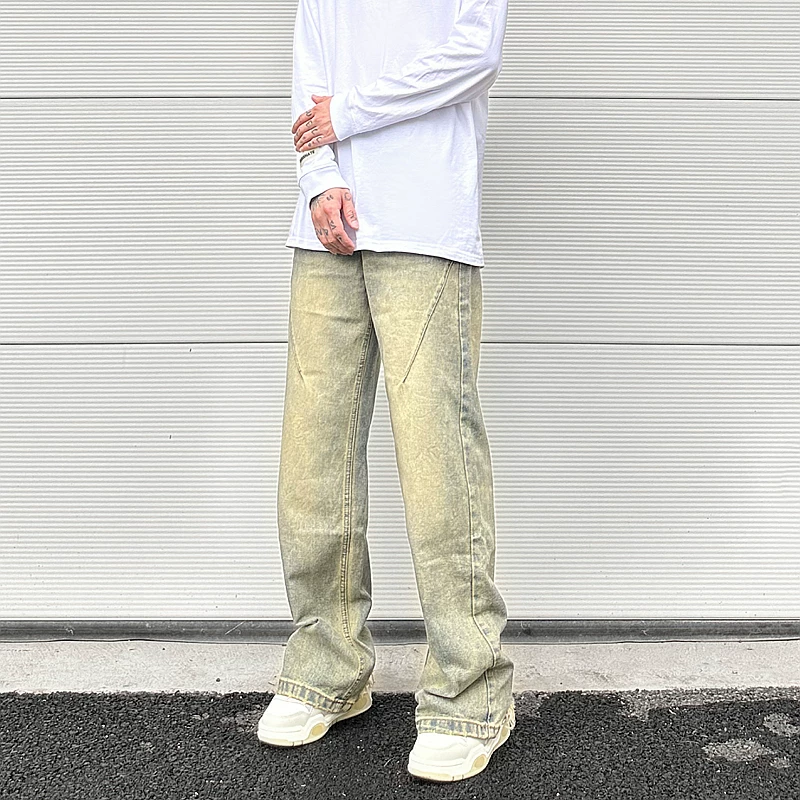 Vintage Oversized Split Deconstructed Men Wide Jeans Baggy Yellow Mud Dyed Washed Denim Jeans Cat Whisker Straight Denim Pant