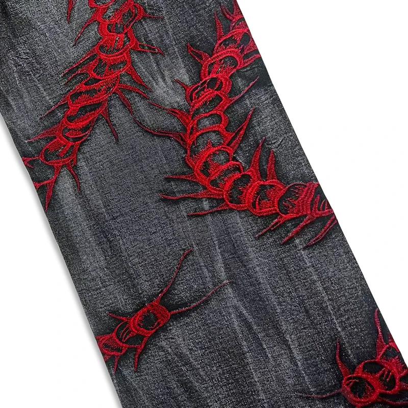 European and American style heavy industry thorn red embroidered jeans men's washed black personalized street trousers