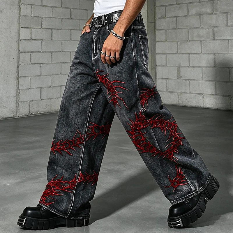European and American style heavy industry thorn red embroidered jeans men's washed black personalized street trousers