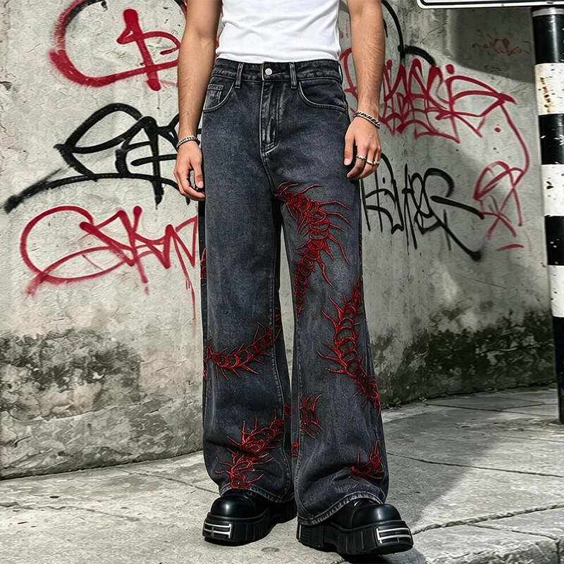 European and American style heavy industry thorn red embroidered jeans men's washed black personalized street trousers