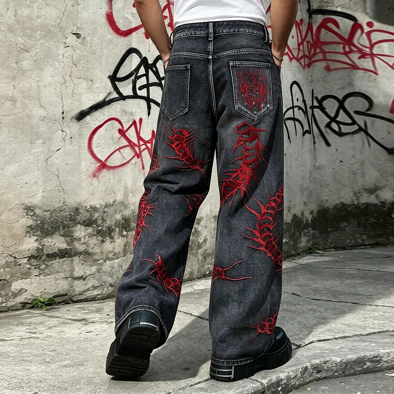 European and American style heavy industry thorn red embroidered jeans men's washed black personalized street trousers