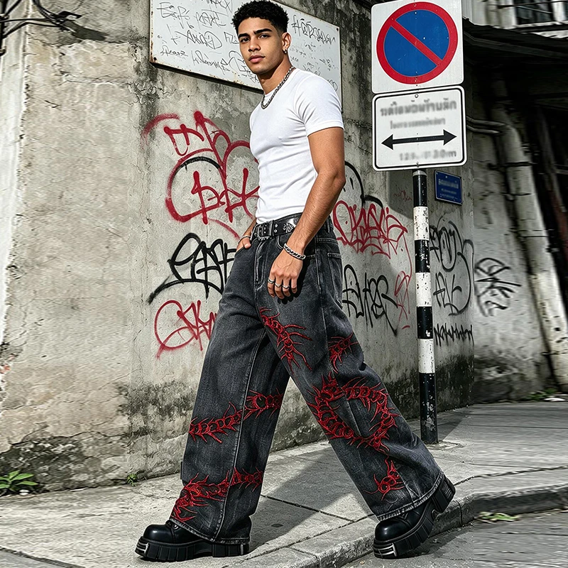 European and American style heavy industry thorn red embroidered jeans men's washed black personalized street trousers