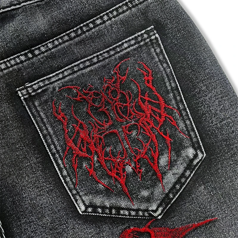 European and American style heavy industry thorn red embroidered jeans men's washed black personalized street trousers
