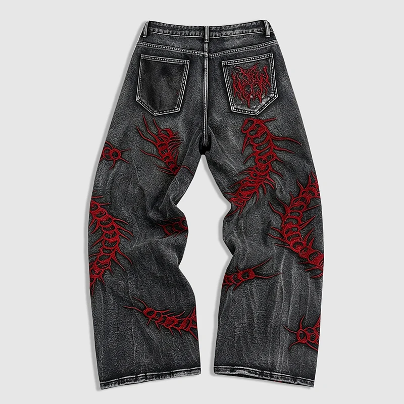 European and American style heavy industry thorn red embroidered jeans men's washed black personalized street trousers