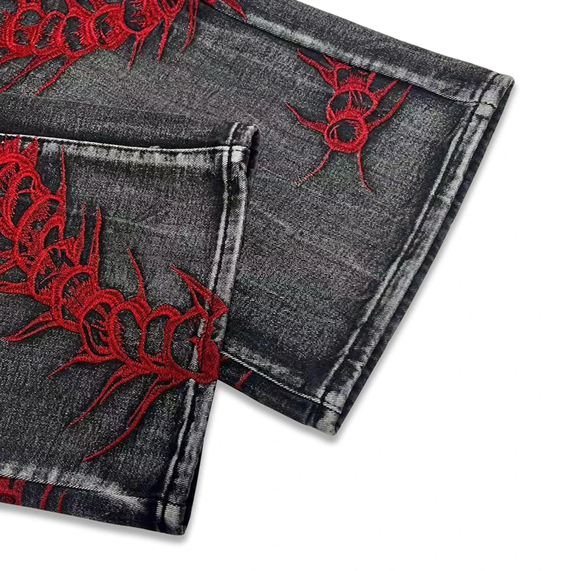European and American style heavy industry thorn red embroidered jeans men's washed black personalized street trousers