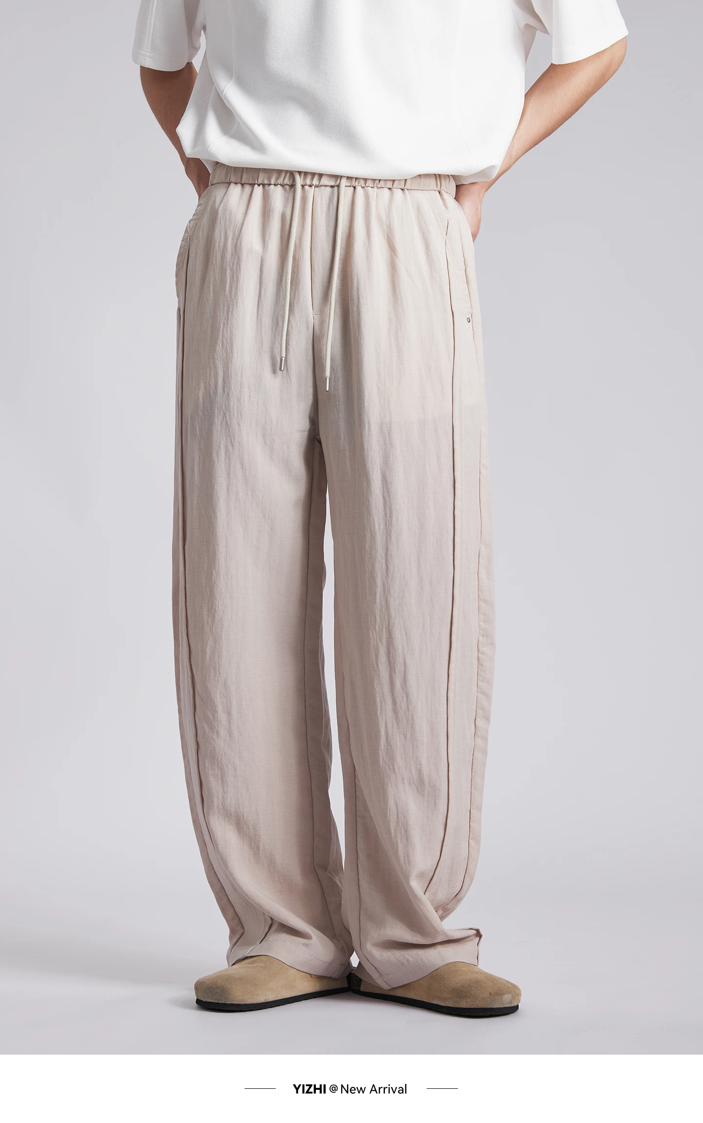 Fashion Men's Lyocell Linen Solid Straight Pants 2026 Summer Loose Side Seam Split Soft Draped Breathable Wide Leg Trousers
