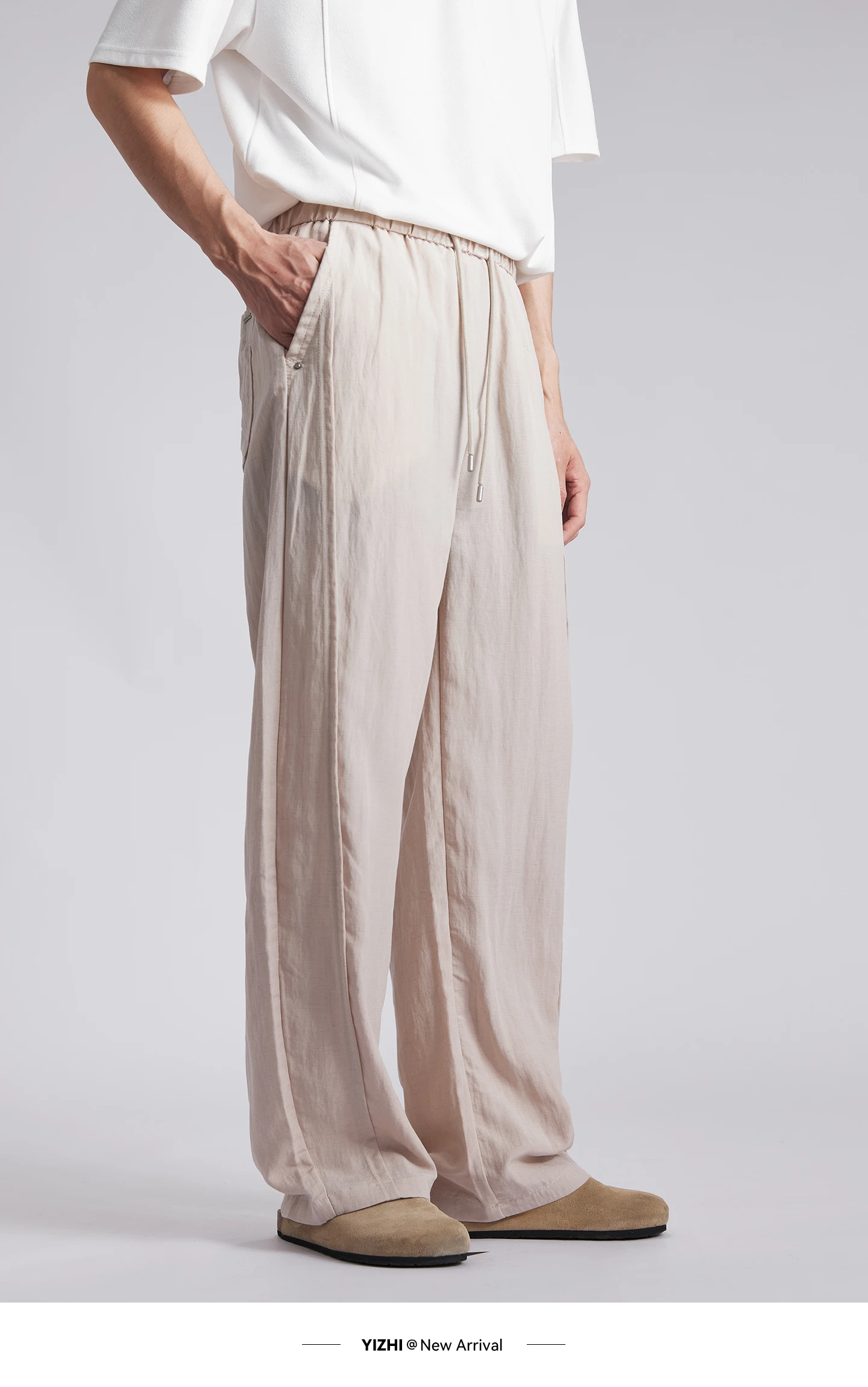 Fashion Men's Lyocell Linen Solid Straight Pants 2026 Summer Loose Side Seam Split Soft Draped Breathable Wide Leg Trousers