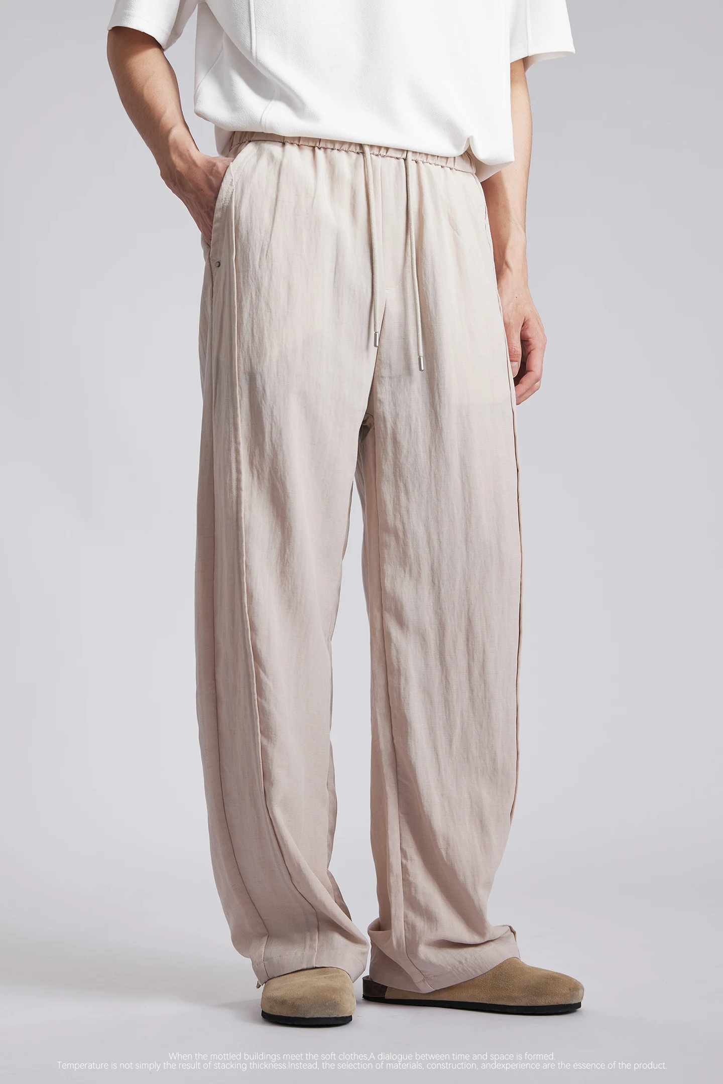 Fashion Men's Lyocell Linen Solid Straight Pants 2026 Summer Loose Side Seam Split Soft Draped Breathable Wide Leg Trousers