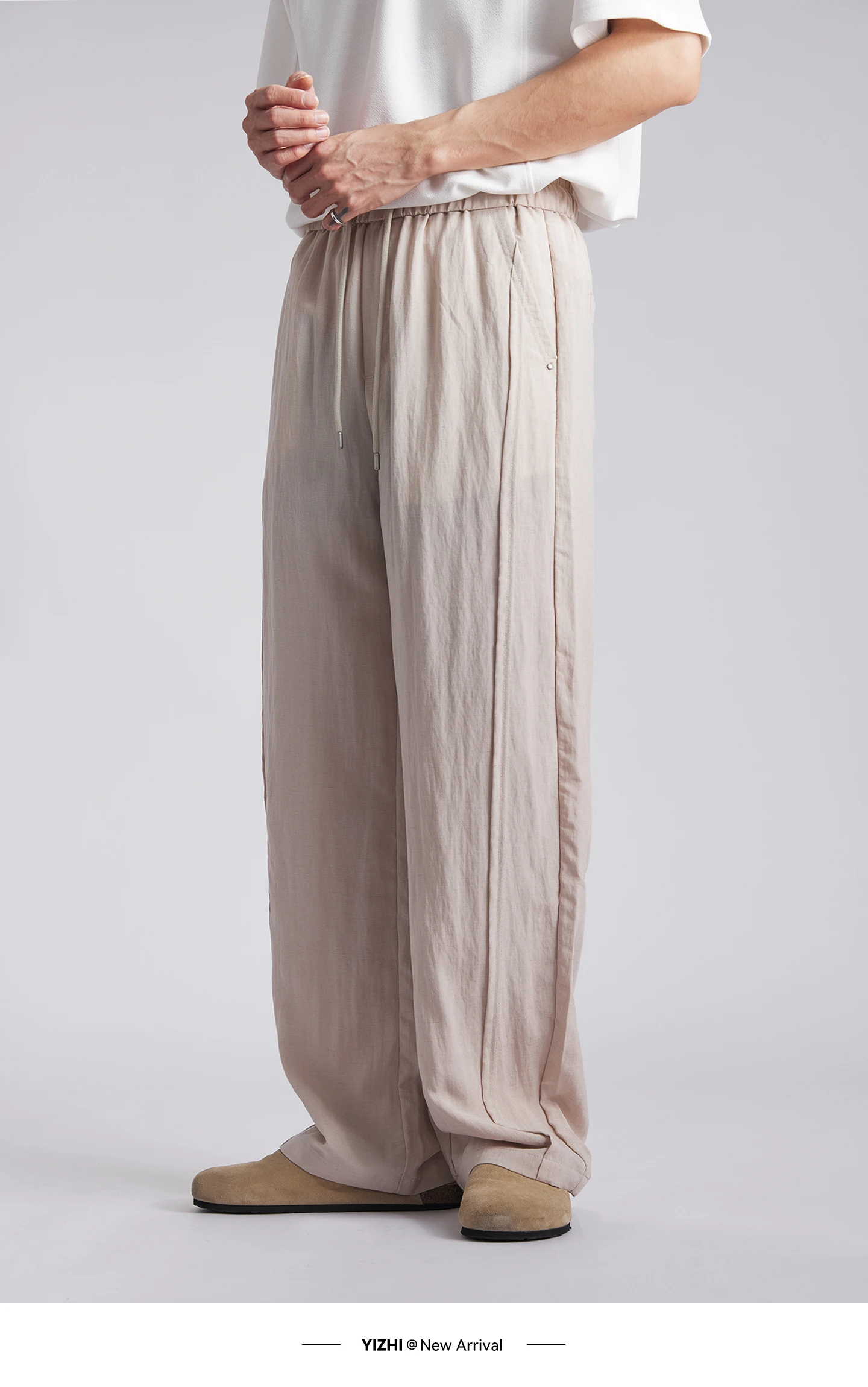 Fashion Men's Lyocell Linen Solid Straight Pants 2026 Summer Loose Side Seam Split Soft Draped Breathable Wide Leg Trousers