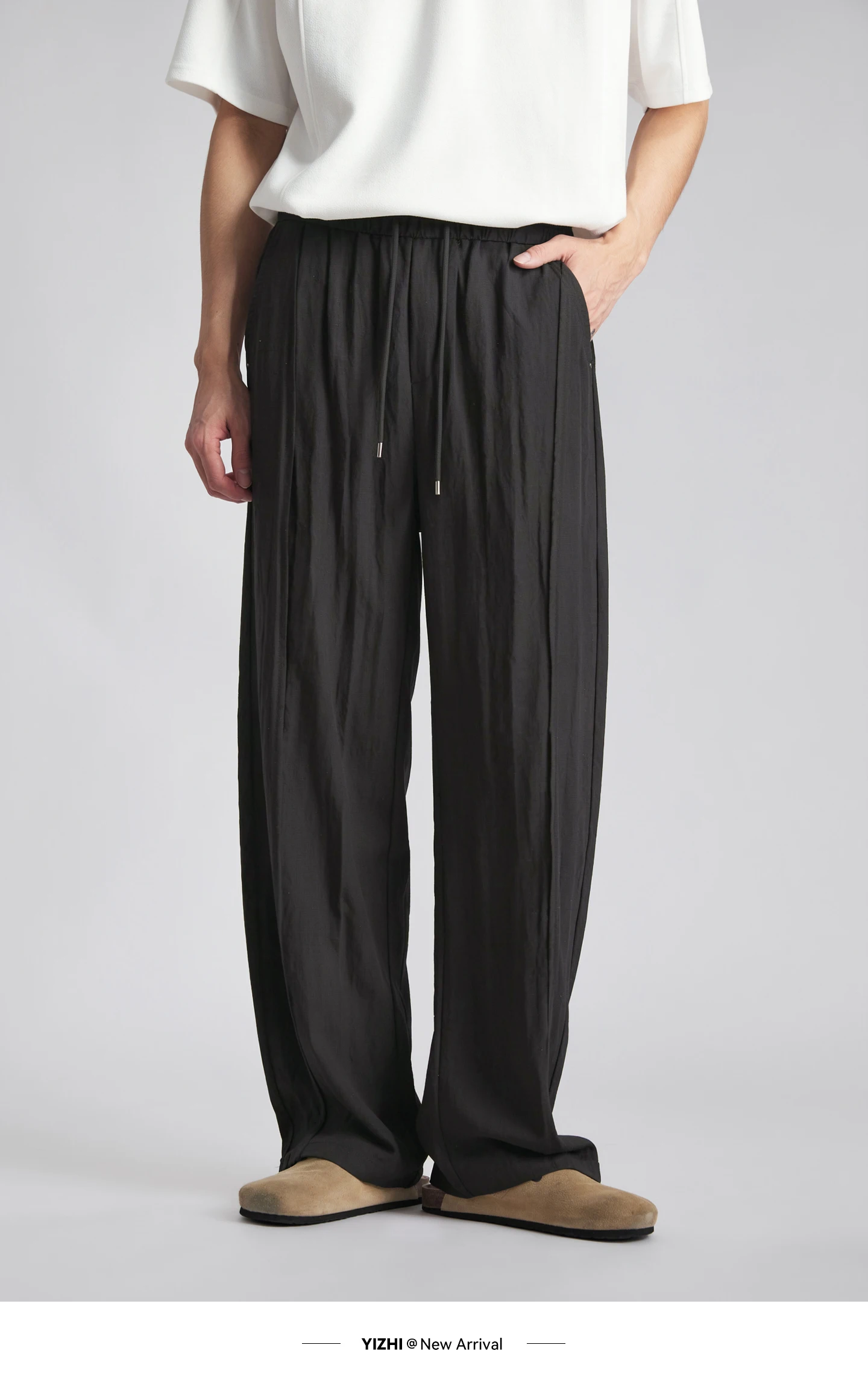 Fashion Men's Lyocell Linen Solid Straight Pants 2026 Summer Loose Side Seam Split Soft Draped Breathable Wide Leg Trousers