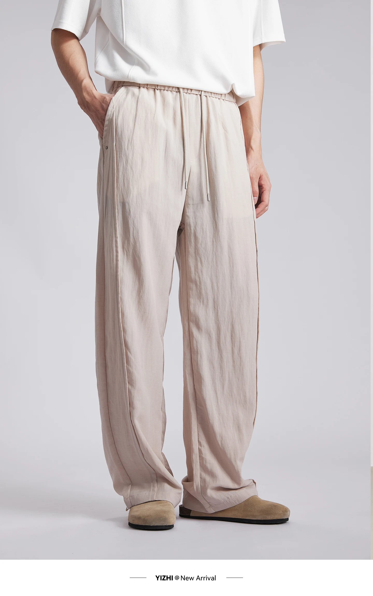 Fashion Men's Lyocell Linen Solid Straight Pants 2026 Summer Loose Side Seam Split Soft Draped Breathable Wide Leg Trousers