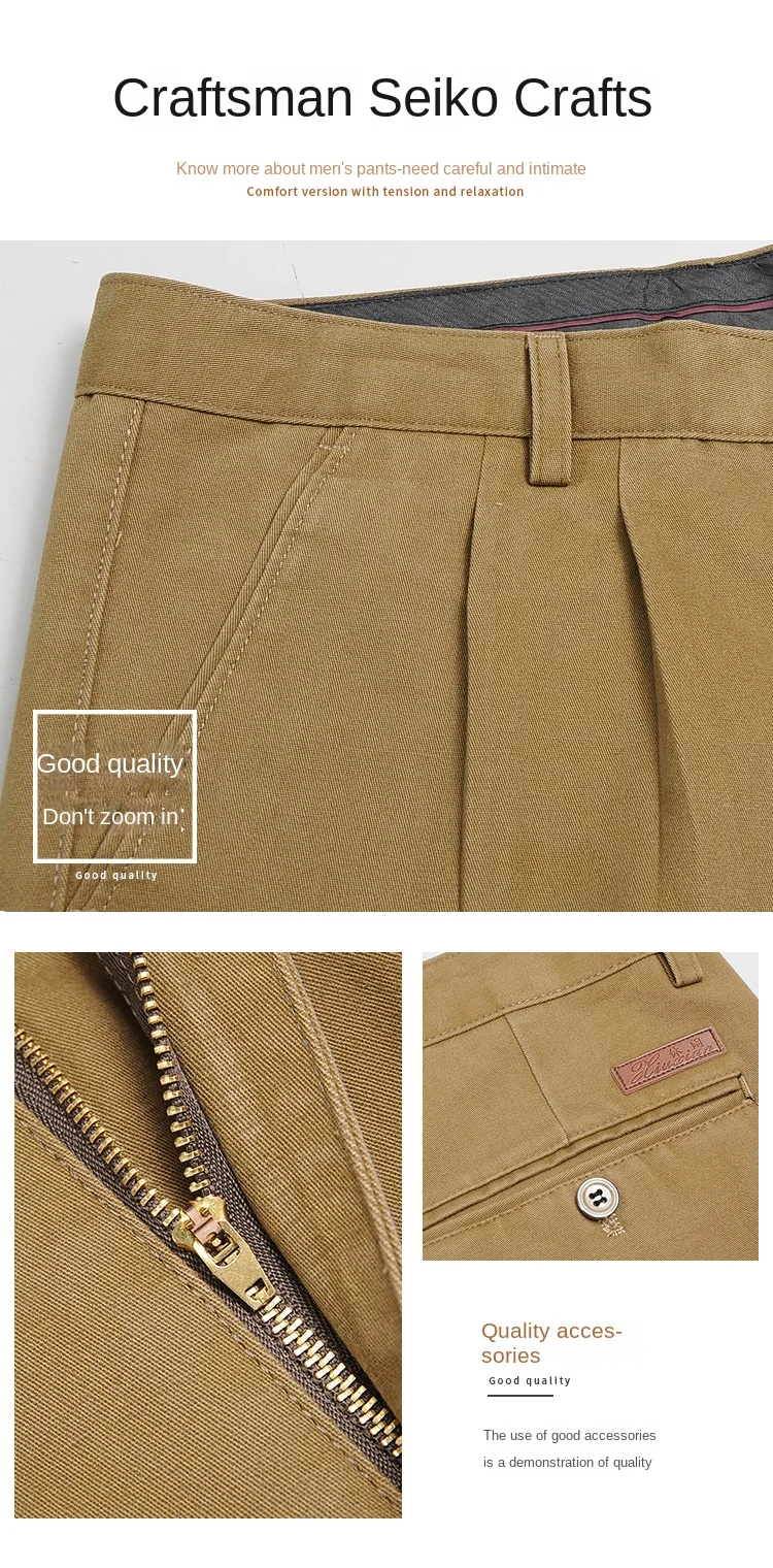 High Waist Double Pleated Casual Mens Pants 100% Cotton Black Khaki Yellow Clothing Straight Loose Work Trousers Men 40 42