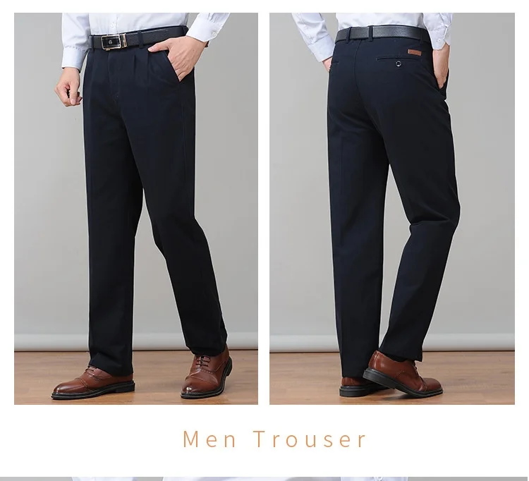 High Waist Double Pleated Casual Mens Pants 100% Cotton Black Khaki Yellow Clothing Straight Loose Work Trousers Men 40 42