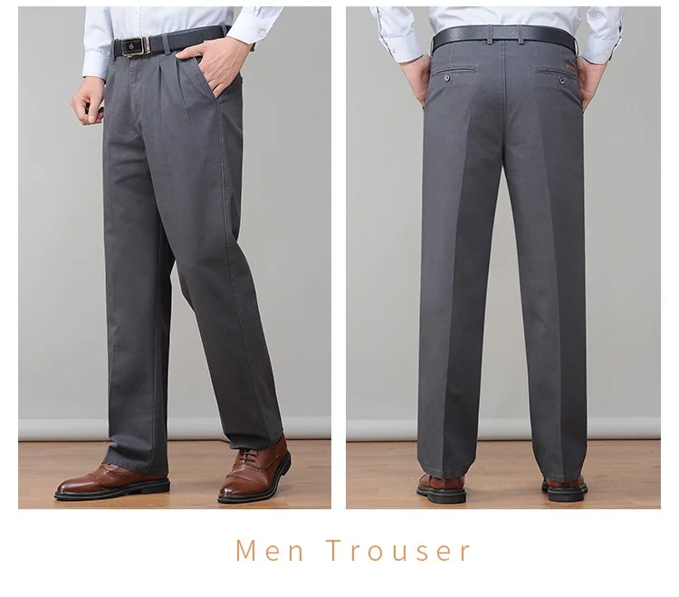 High Waist Double Pleated Casual Mens Pants 100% Cotton Black Khaki Yellow Clothing Straight Loose Work Trousers Men 40 42