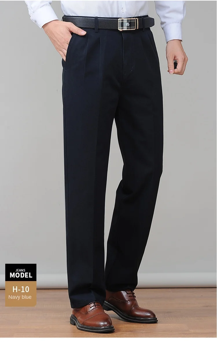 High Waist Double Pleated Casual Mens Pants 100% Cotton Black Khaki Yellow Clothing Straight Loose Work Trousers Men 40 42
