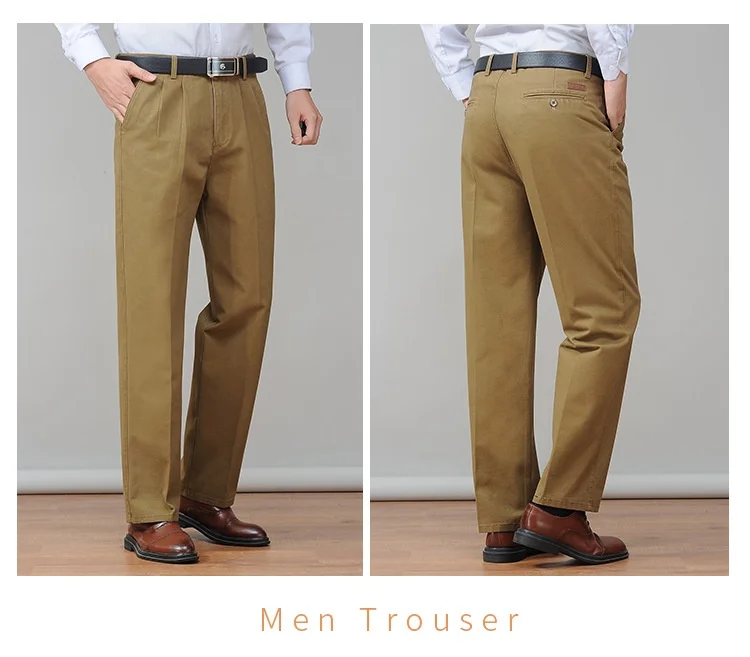 High Waist Double Pleated Casual Mens Pants 100% Cotton Black Khaki Yellow Clothing Straight Loose Work Trousers Men 40 42