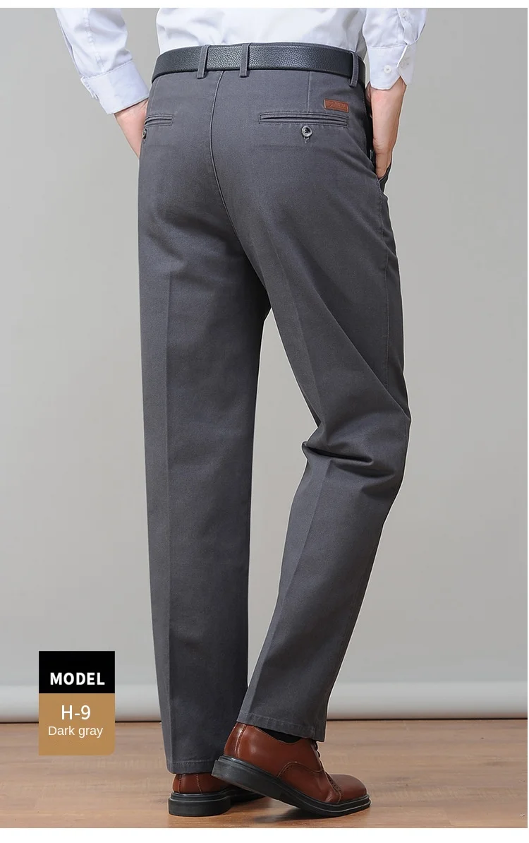 High Waist Double Pleated Casual Mens Pants 100% Cotton Black Khaki Yellow Clothing Straight Loose Work Trousers Men 40 42