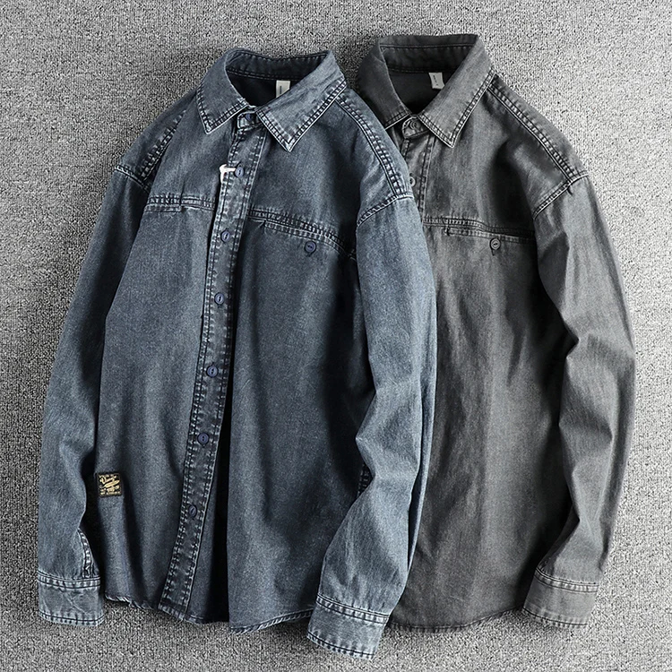 Heavy washing to do old vintage denim shirt men's double pocket design trend Europe and the United States casual shirt coat