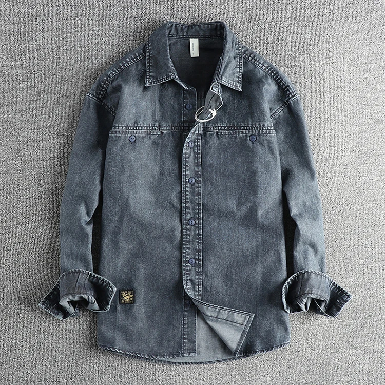 Heavy washing to do old vintage denim shirt men's double pocket design trend Europe and the United States casual shirt coat