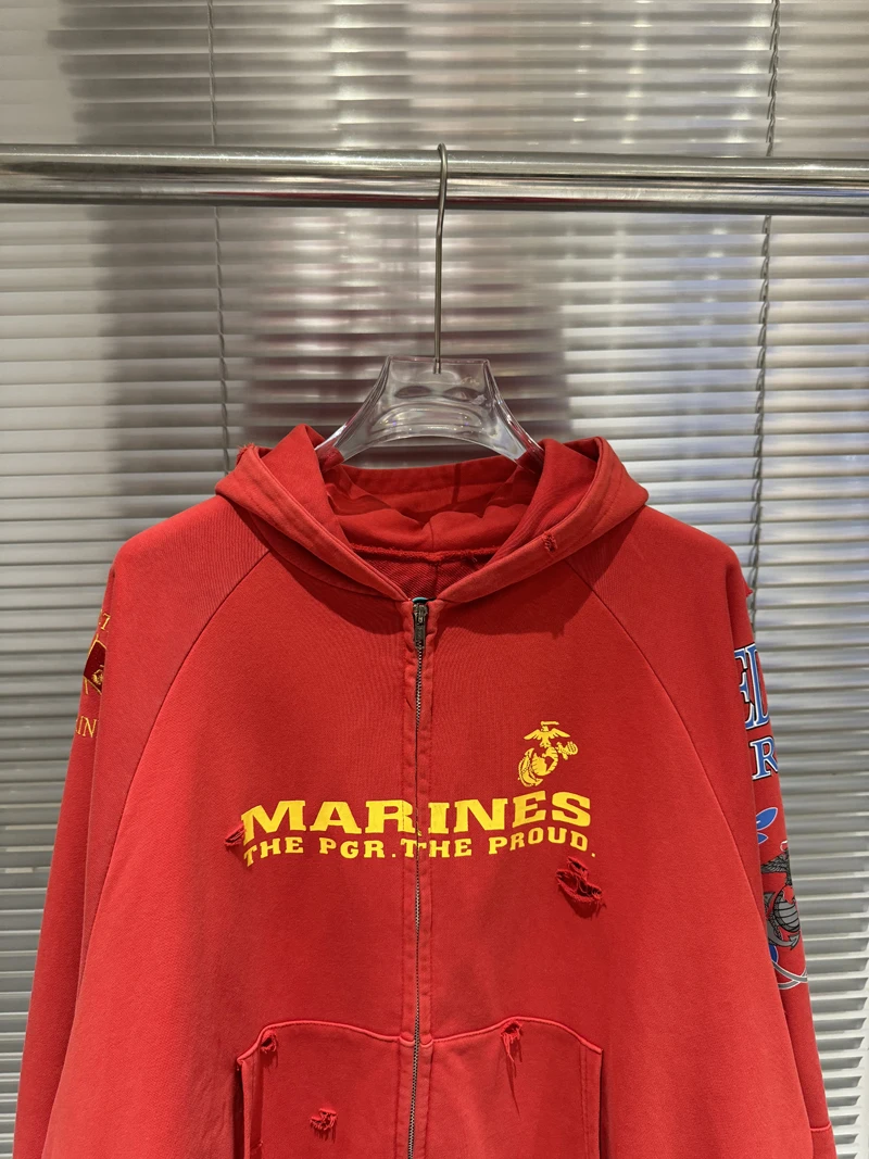 Fake Two Pieces Embroidery Flag Red PROJECT G/R Hole Damaged Zipper Hoodie Men Women Vintage Washed Distressed Loose Pullovers