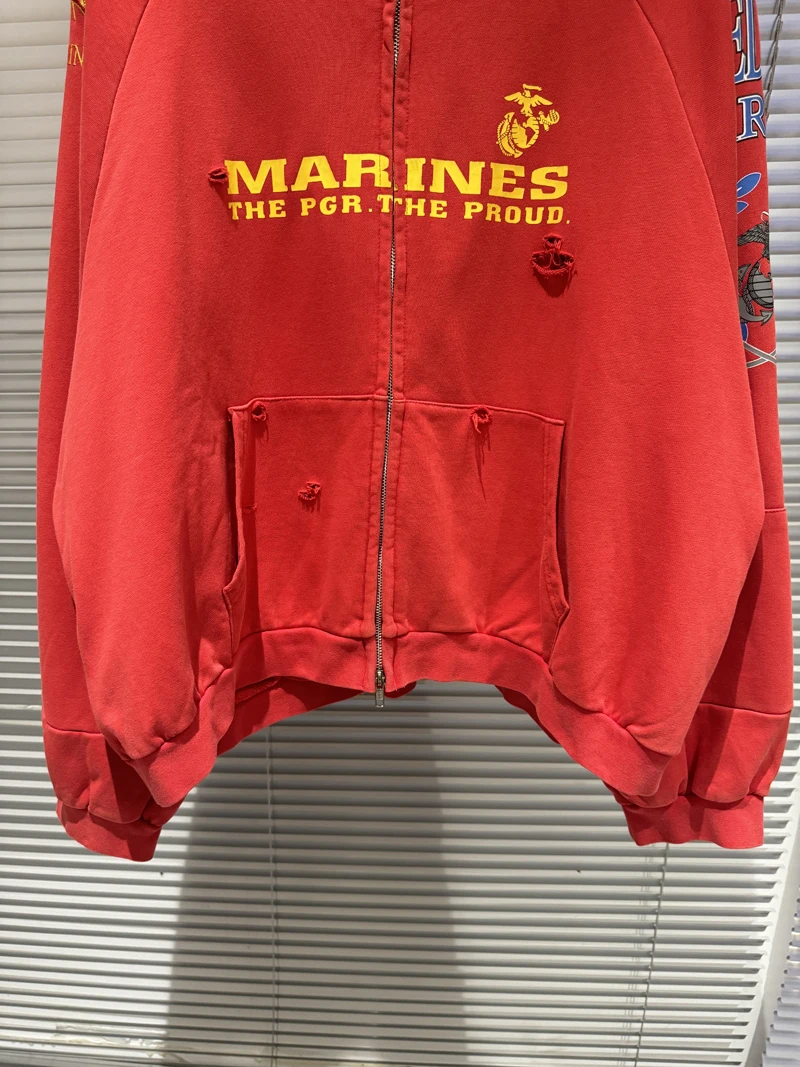 Fake Two Pieces Embroidery Flag Red PROJECT G/R Hole Damaged Zipper Hoodie Men Women Vintage Washed Distressed Loose Pullovers