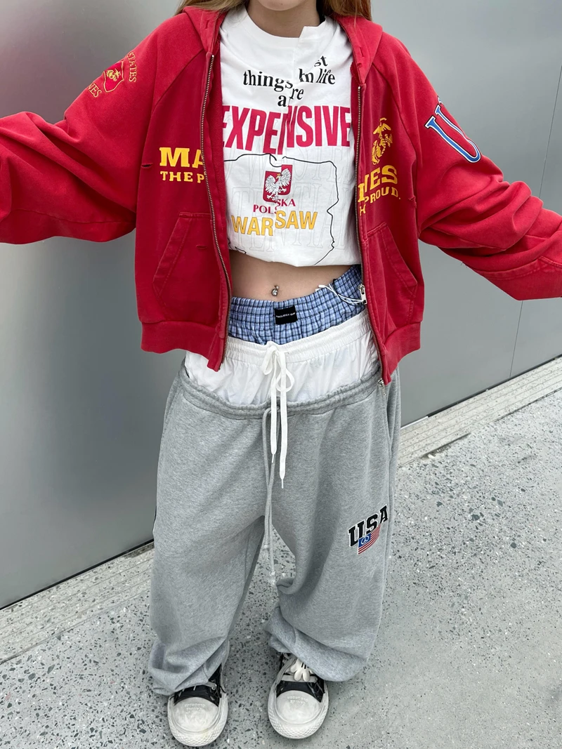 Fake Two Pieces Embroidery Flag Red PROJECT G/R Hole Damaged Zipper Hoodie Men Women Vintage Washed Distressed Loose Pullovers