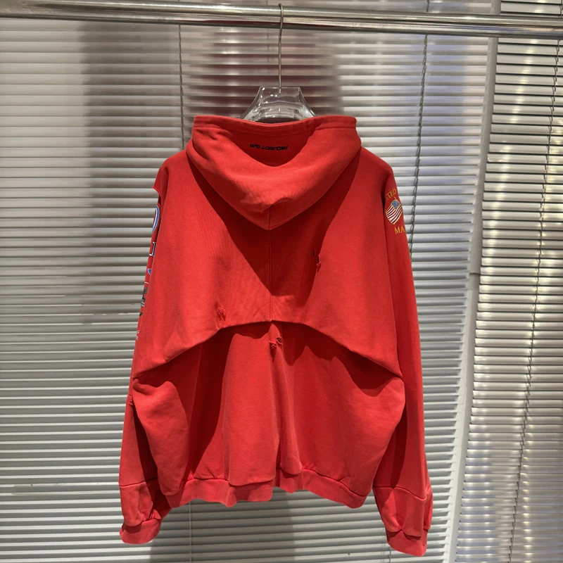 Fake Two Pieces Embroidery Flag Red PROJECT G/R Hole Damaged Zipper Hoodie Men Women Vintage Washed Distressed Loose Pullovers