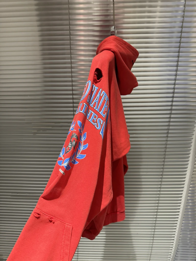 Fake Two Pieces Embroidery Flag Red PROJECT G/R Hole Damaged Zipper Hoodie Men Women Vintage Washed Distressed Loose Pullovers