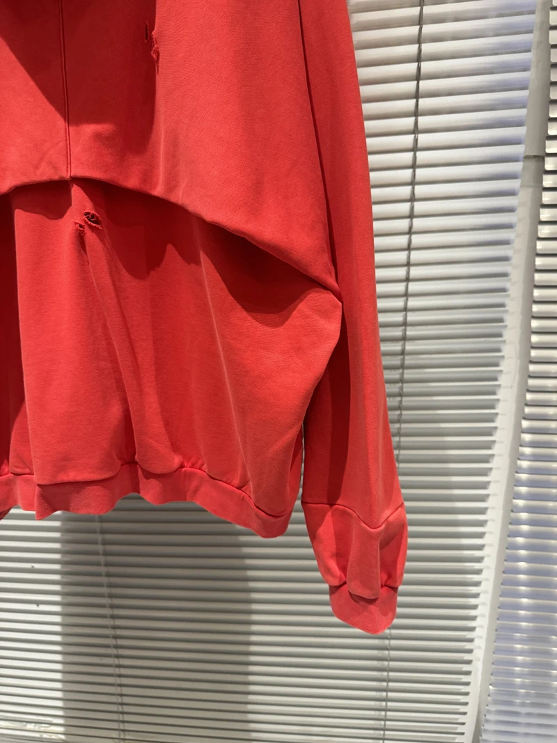Fake Two Pieces Embroidery Flag Red PROJECT G/R Hole Damaged Zipper Hoodie Men Women Vintage Washed Distressed Loose Pullovers