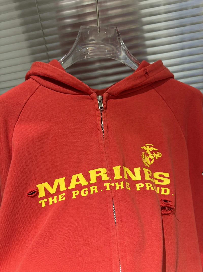 Fake Two Pieces Embroidery Flag Red PROJECT G/R Hole Damaged Zipper Hoodie Men Women Vintage Washed Distressed Loose Pullovers