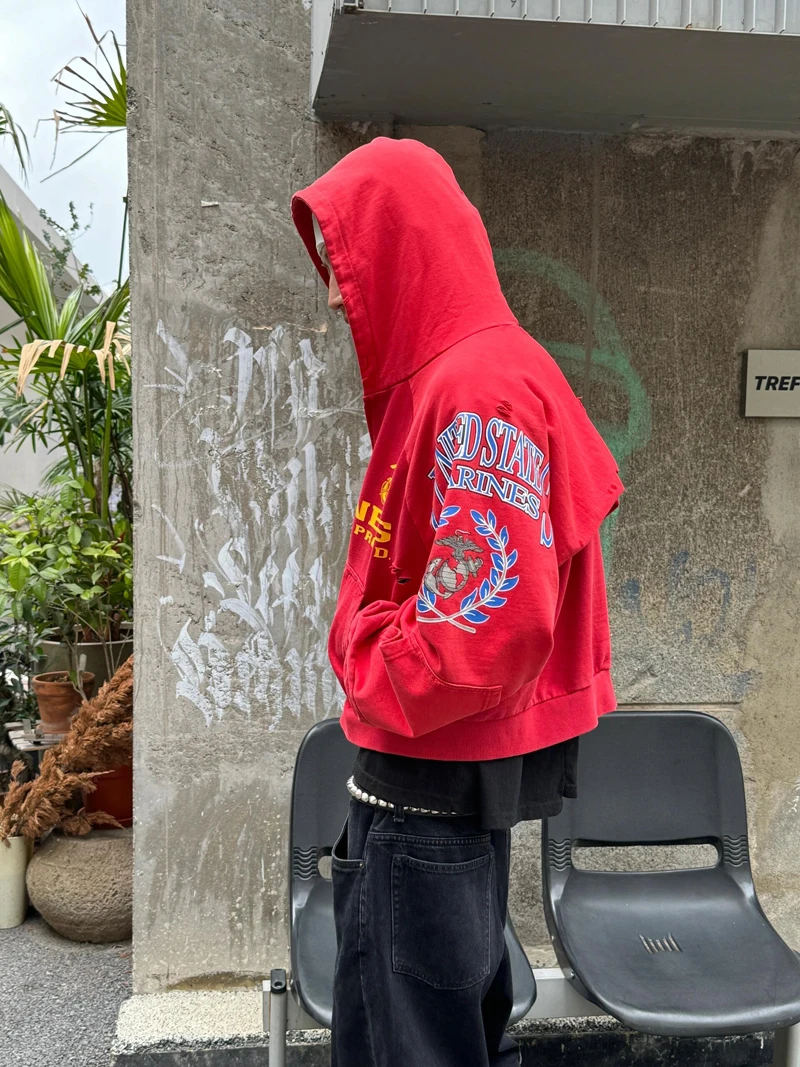 Fake Two Pieces Embroidery Flag Red PROJECT G/R Hole Damaged Zipper Hoodie Men Women Vintage Washed Distressed Loose Pullovers