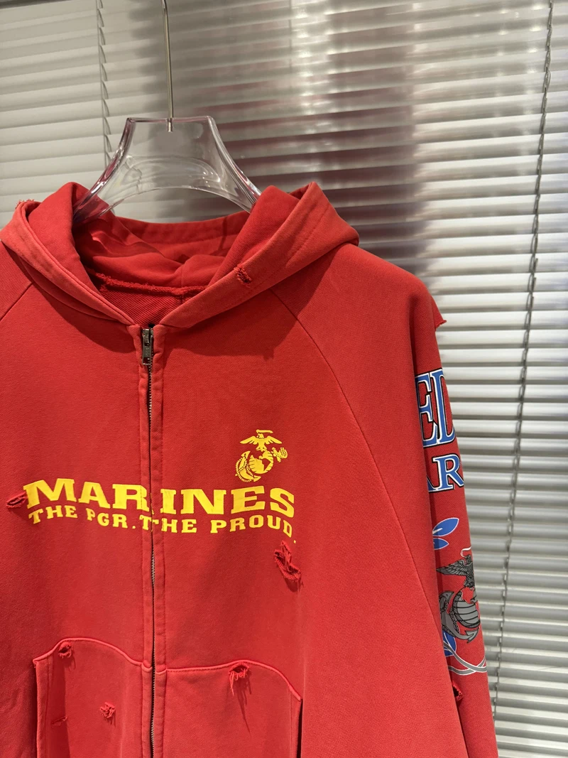Fake Two Pieces Embroidery Flag Red PROJECT G/R Hole Damaged Zipper Hoodie Men Women Vintage Washed Distressed Loose Pullovers