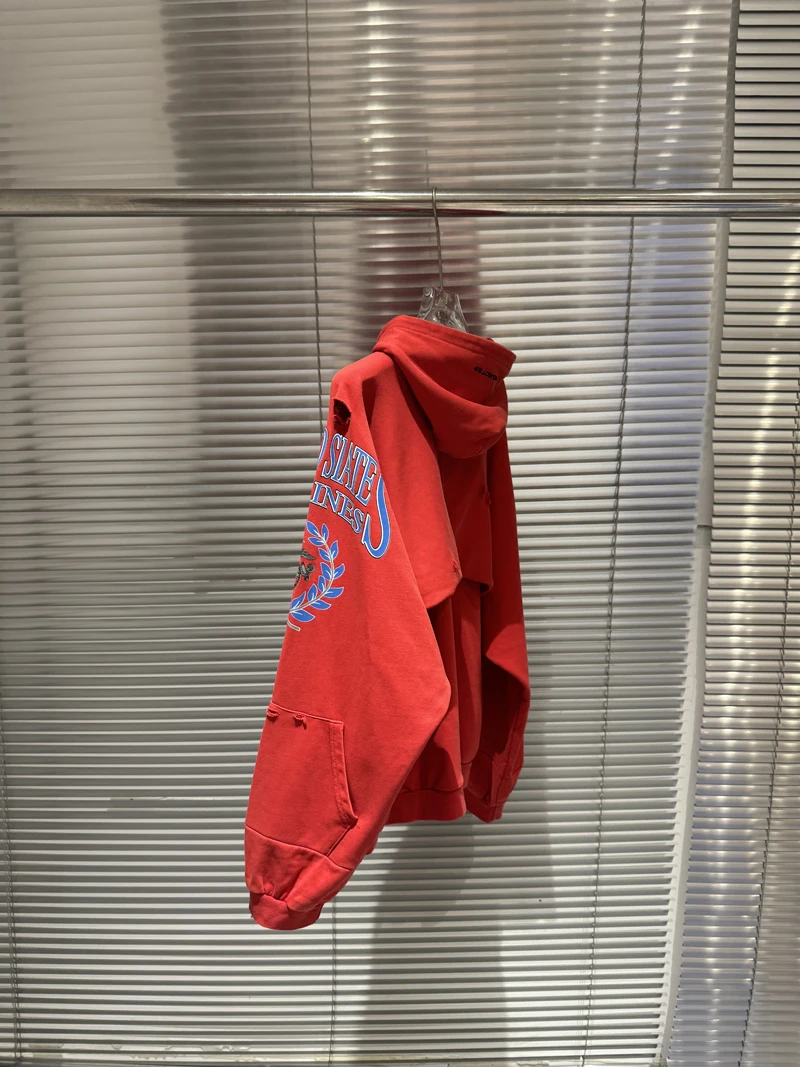 Fake Two Pieces Embroidery Flag Red PROJECT G/R Hole Damaged Zipper Hoodie Men Women Vintage Washed Distressed Loose Pullovers