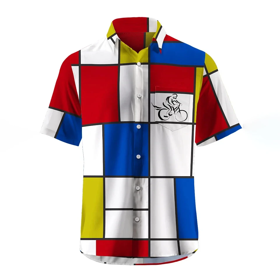 Men's Shirt Short Sleeve Plaid Bicycle Print Button Shirt Summer Beach Shirt Camping Shirt Men's Short Sleeve Shirt
