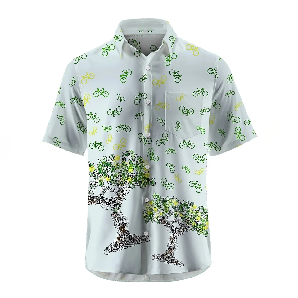 Men's Shirt Short Sleeve Plaid Bicycle Print Button Shirt Summer Beach Shirt Camping Shirt Men's Short Sleeve Shirt