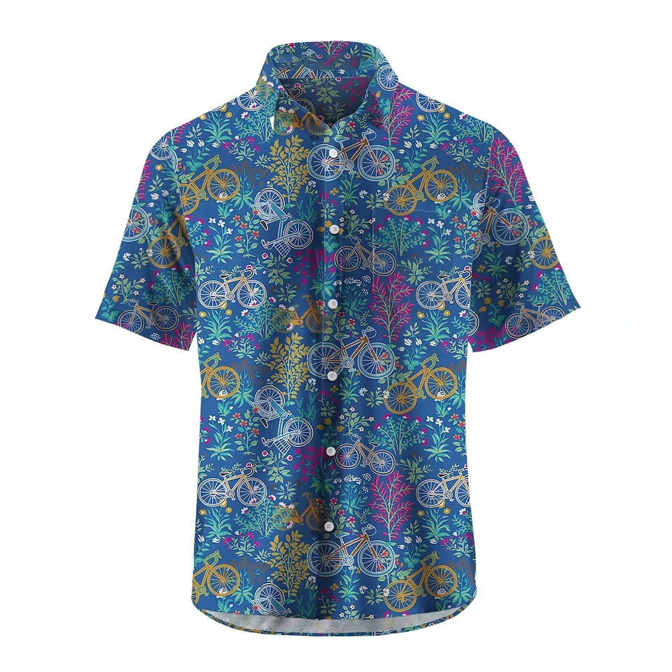 Men's Shirt Short Sleeve Plaid Bicycle Print Button Shirt Summer Beach Shirt Camping Shirt Men's Short Sleeve Shirt