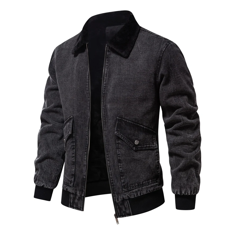 AIOPESON Autumn Winter Fur Collar Jacket for Men Warm Thicken Fleece Men's Jeans Jacket and Coat Casual Fashion Denim Jacket Men