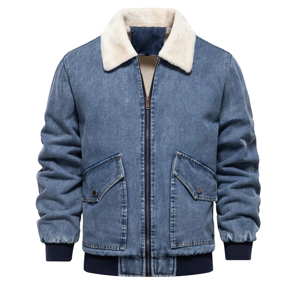 AIOPESON Autumn Winter Fur Collar Jacket for Men Warm Thicken Fleece Men's Jeans Jacket and Coat Casual Fashion Denim Jacket Men