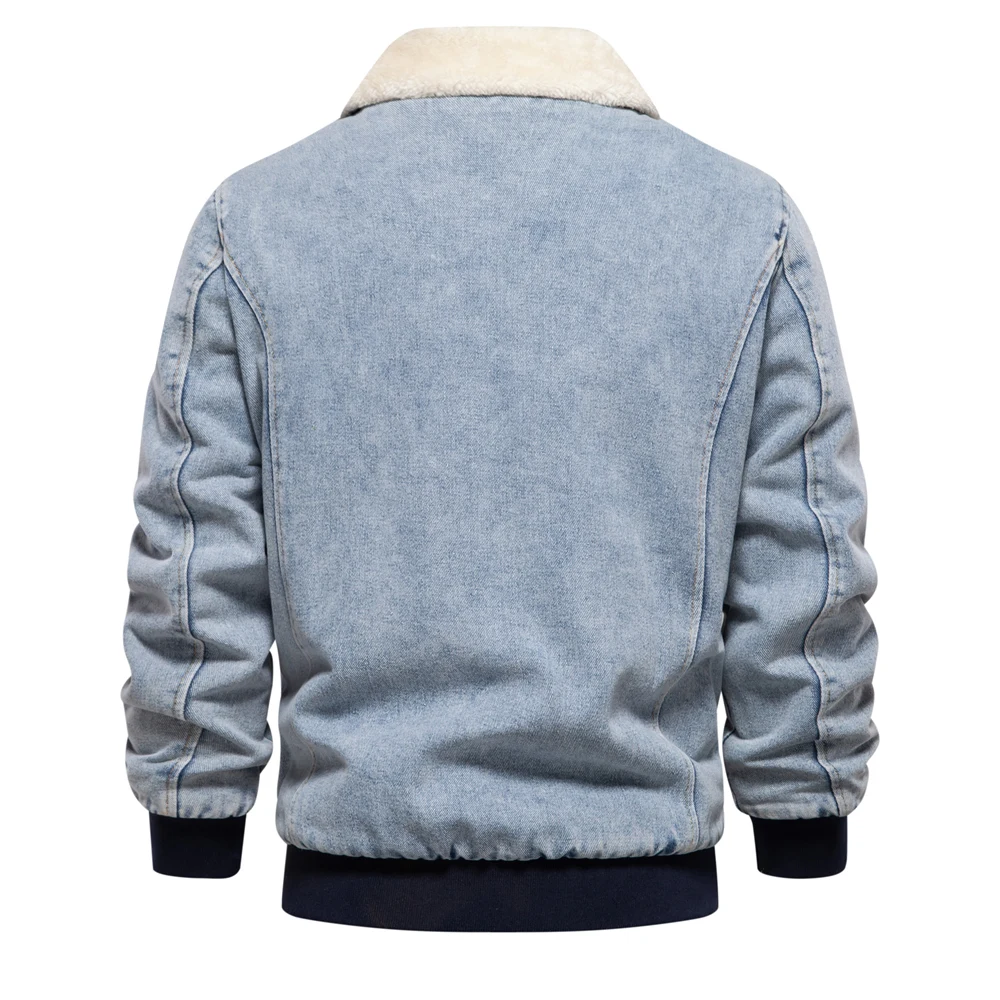AIOPESON Autumn Winter Fur Collar Jacket for Men Warm Thicken Fleece Men's Jeans Jacket and Coat Casual Fashion Denim Jacket Men