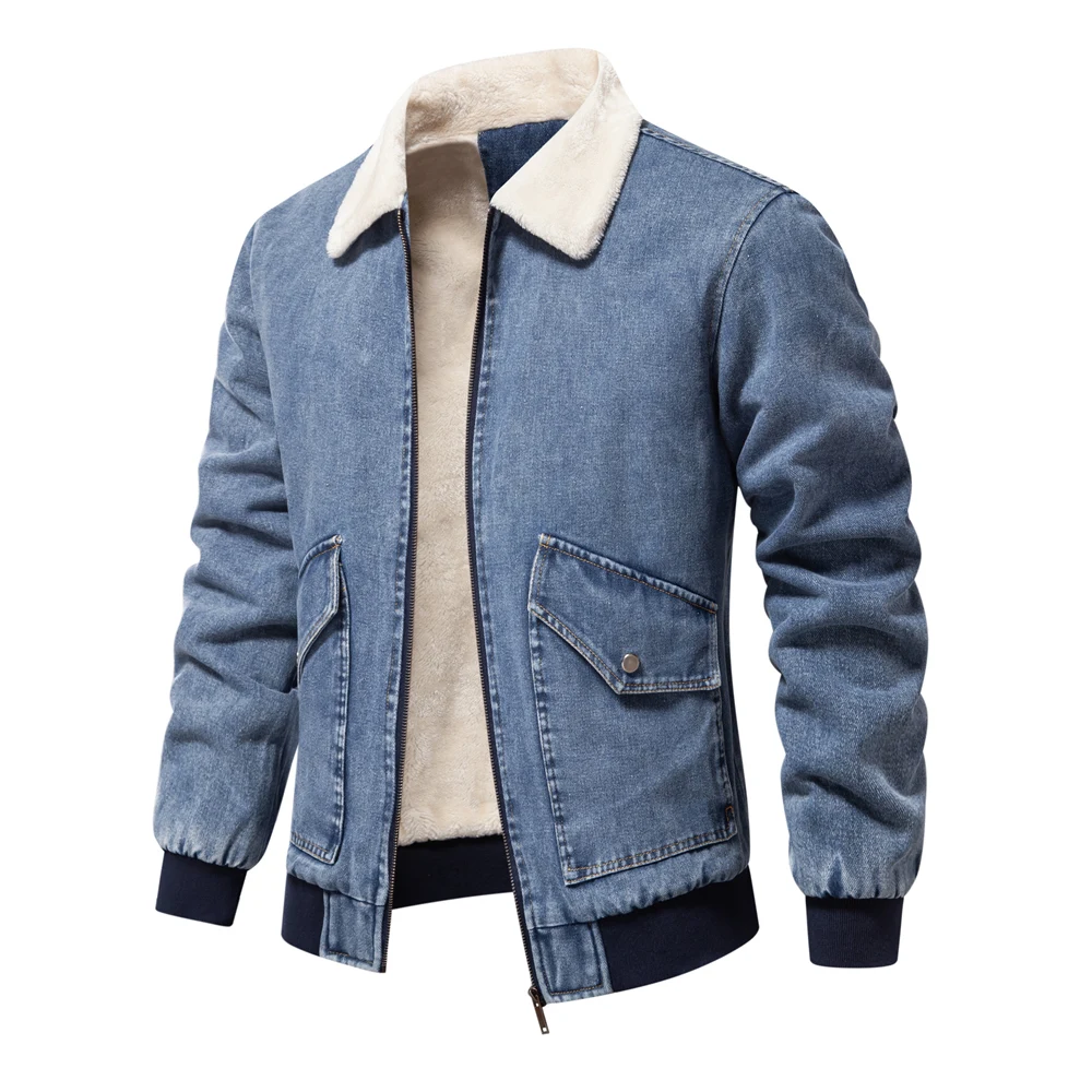AIOPESON Autumn Winter Fur Collar Jacket for Men Warm Thicken Fleece Men's Jeans Jacket and Coat Casual Fashion Denim Jacket Men