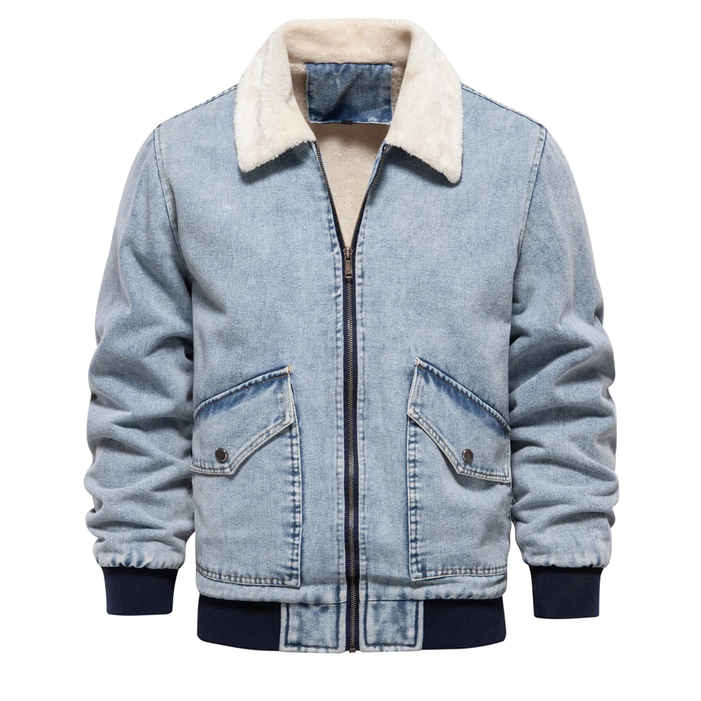 AIOPESON Autumn Winter Fur Collar Jacket for Men Warm Thicken Fleece Men's Jeans Jacket and Coat Casual Fashion Denim Jacket Men