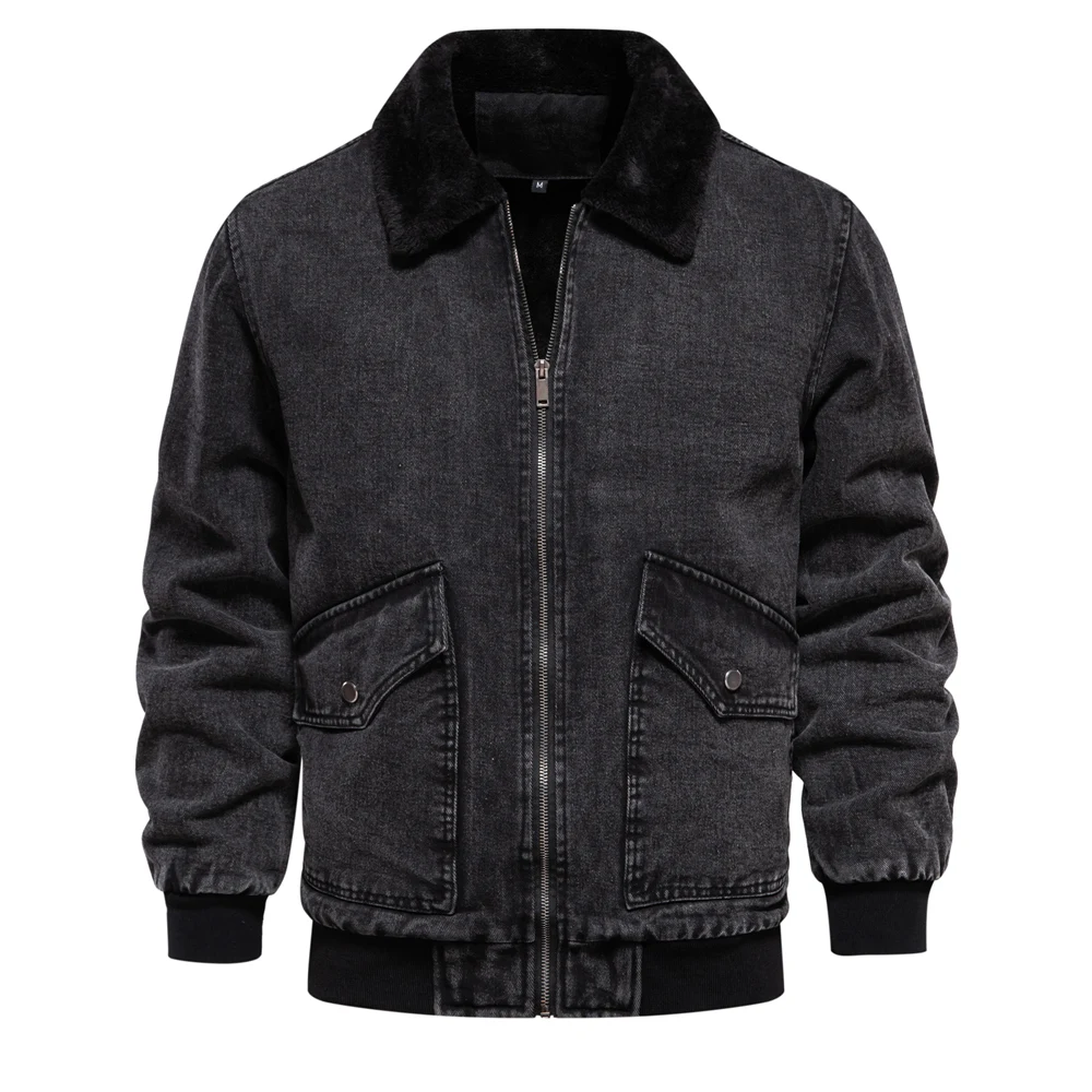 AIOPESON Autumn Winter Fur Collar Jacket for Men Warm Thicken Fleece Men's Jeans Jacket and Coat Casual Fashion Denim Jacket Men