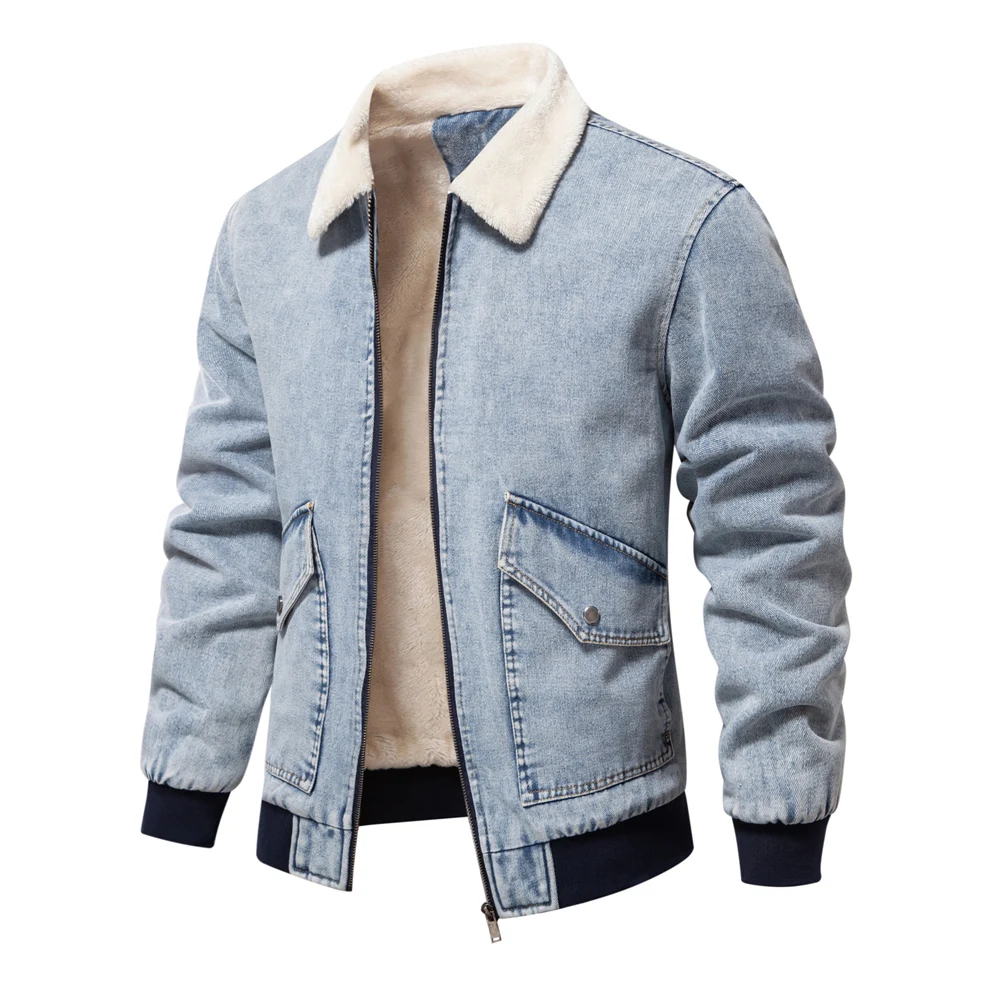 AIOPESON Autumn Winter Fur Collar Jacket for Men Warm Thicken Fleece Men's Jeans Jacket and Coat Casual Fashion Denim Jacket Men