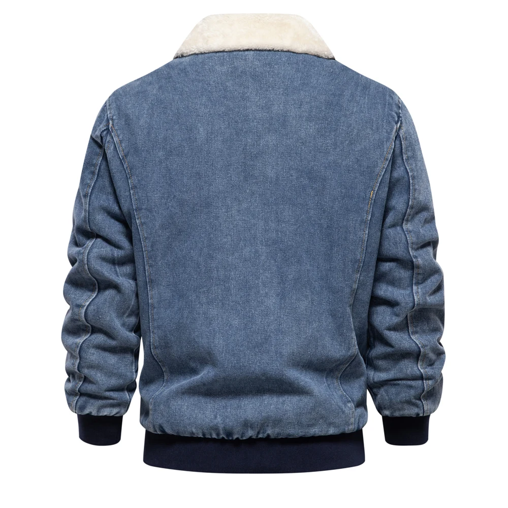 AIOPESON Autumn Winter Fur Collar Jacket for Men Warm Thicken Fleece Men's Jeans Jacket and Coat Casual Fashion Denim Jacket Men