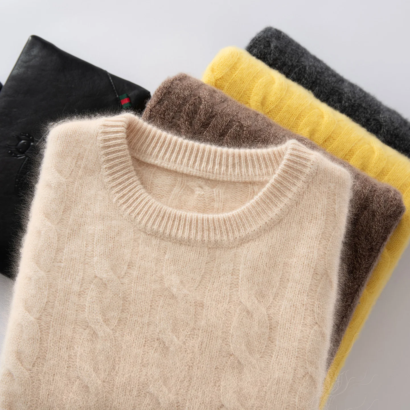 ZOCEPT 100% Natural Cashmere Men's Sweater Autumn Winter Thick Warm O-Neck Casual Pullover Knitted Twisted Flower Sweater Top