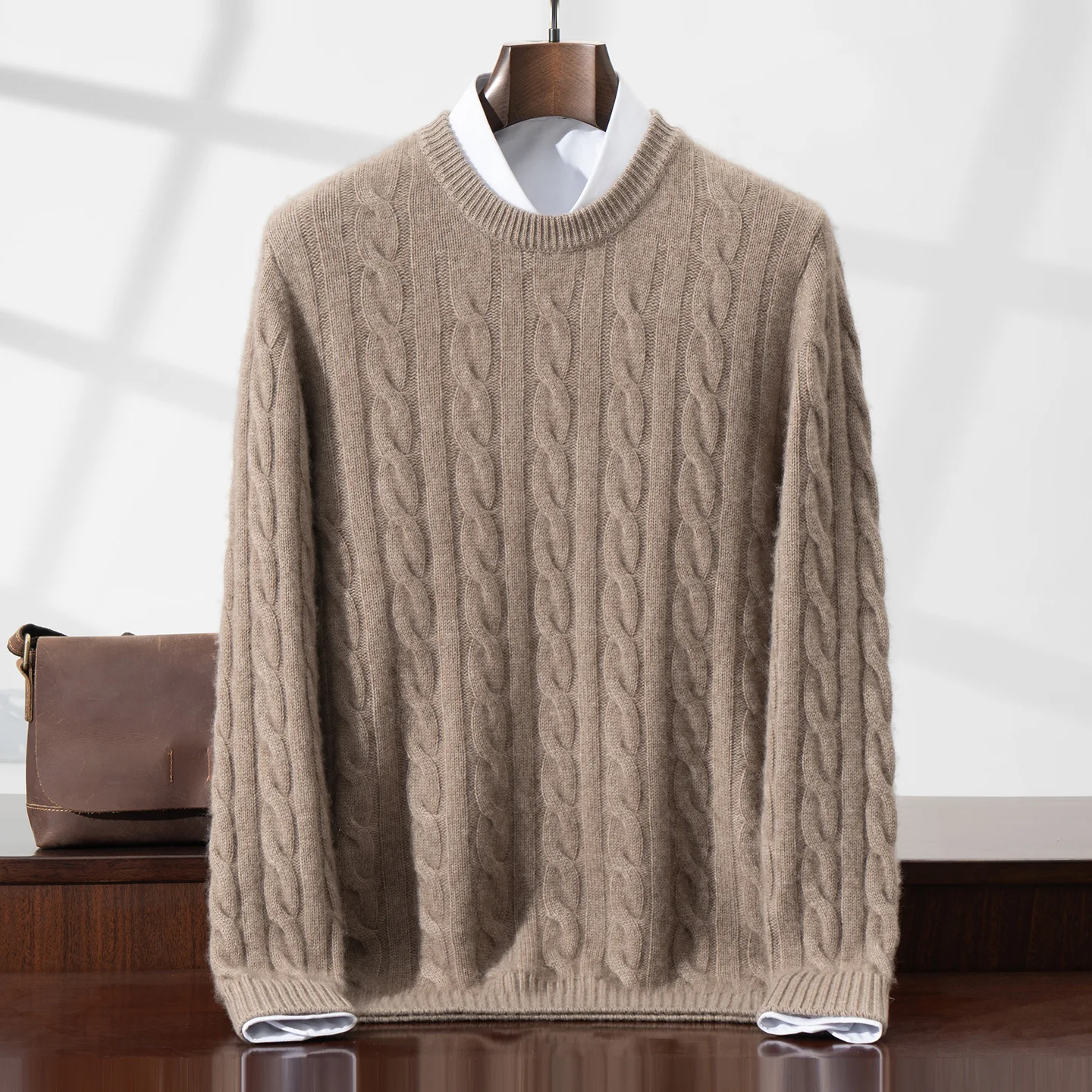 ZOCEPT 100% Natural Cashmere Men's Sweater Autumn Winter Thick Warm O-Neck Casual Pullover Knitted Twisted Flower Sweater Top