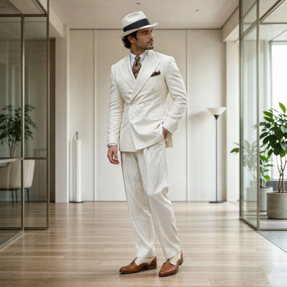 Linen Double Breasted Wedding Suits for Men Two Pieces Wide Peak Lapel Slim Fit Groom Tuxedo for Prom Banquets Formal Parties