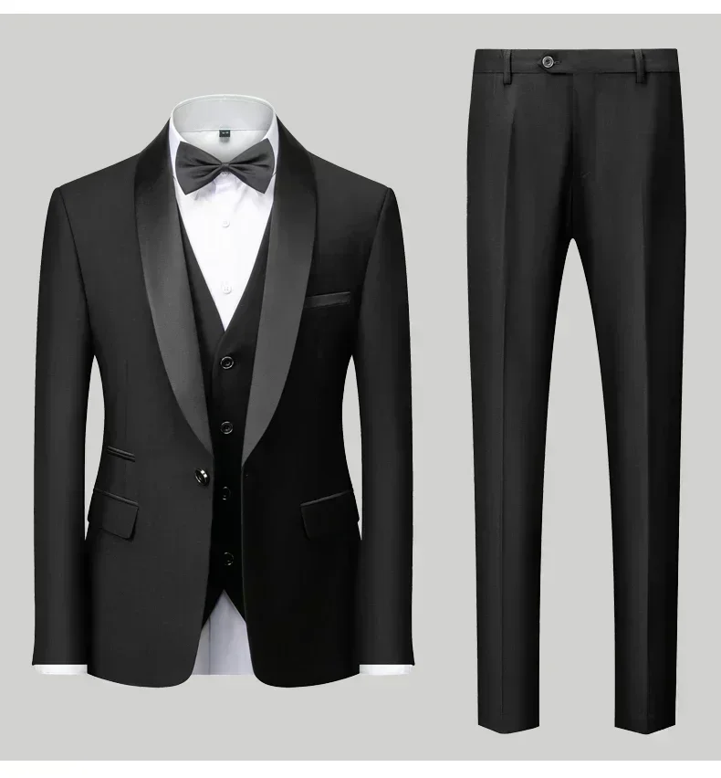 Men's Black Satin Shawl Lapel Tuxedo Suit 2 Pieces, Slim Fit Formal Blazer & Pants for Wedding Party Prom Groom Outfit