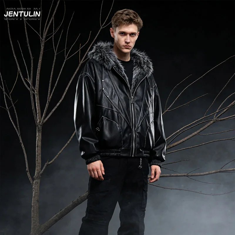 Male Jacket Padded Jackets Zipper Hooded Faux Fur PU Leather Thick Pockets Stylish Cotton Coats Y2K Winter Men Clothng Keep Warm